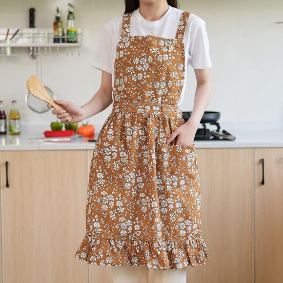 Vintage Pinafore Apron Dress for Women with Pockets Cute Floral Chef Aprons for - Picture 5 of 8